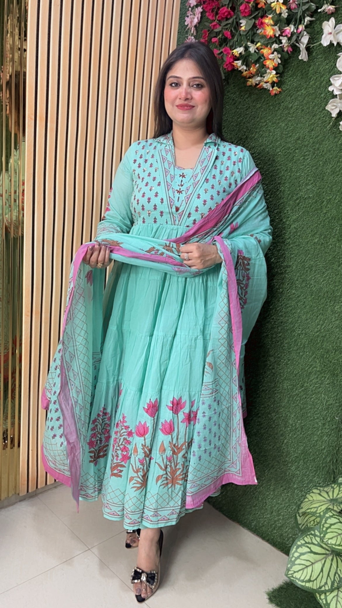 Handworked Pure Cotton Anarkali Kurta Set with Mal Cotton Lining – Heavy Flare