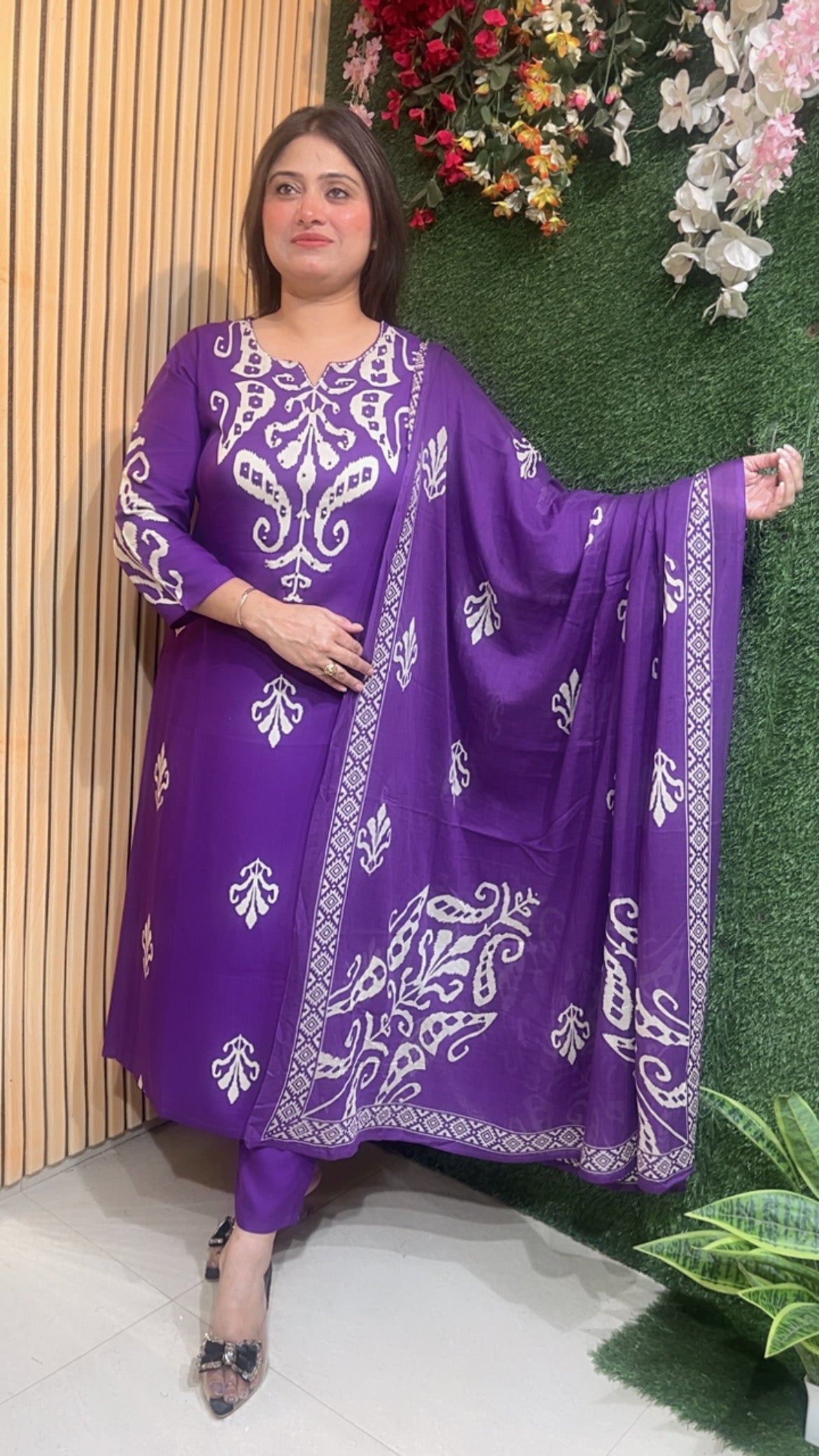 Three piece kurta set with not work reyon modal fabric
