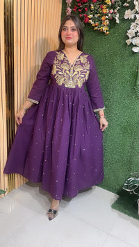 Elegant Pure Cotton Embroidered Anarkali Suit – 3/4 Sleeves | Purple