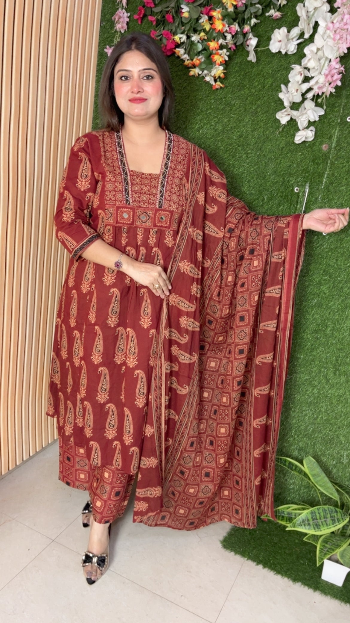Pure cotton three piece kurta set with original mirror work