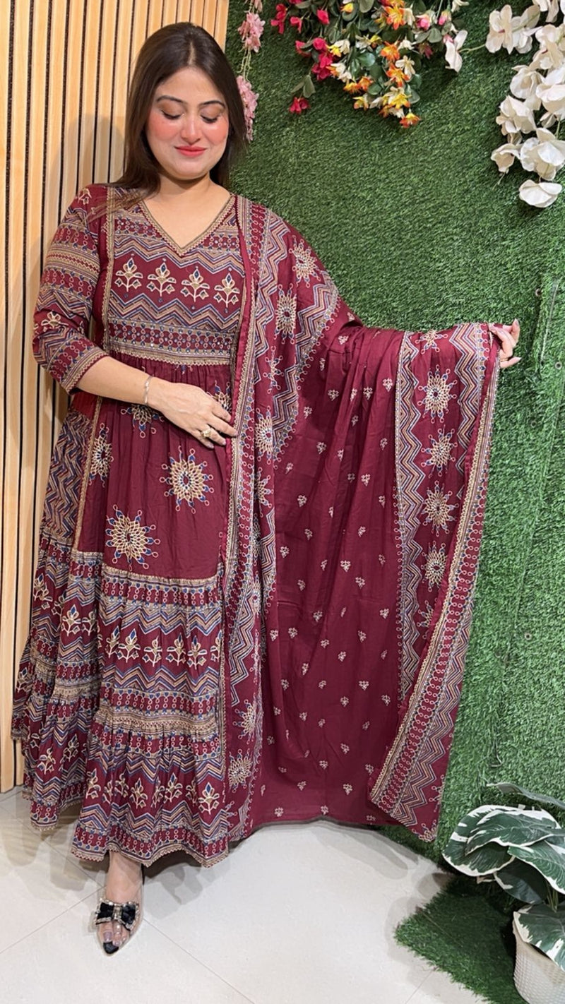 Pure Cotton Heavy Flair Anarkali Suit with 3/4 Sleeves