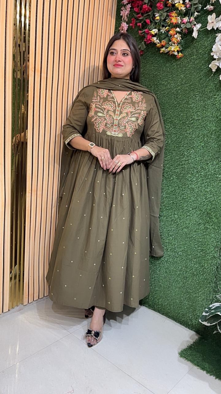Elegant Pure Cotton Embroidered Anarkali Suit – 3/4 Sleeves | Green