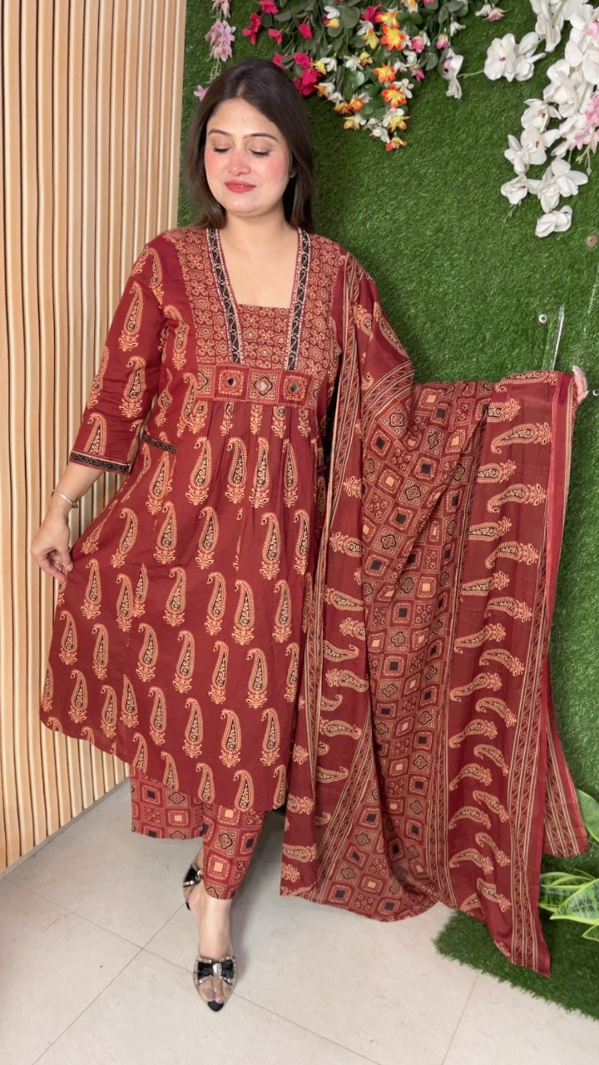 Pure cotton three piece kurta set with original mirror work