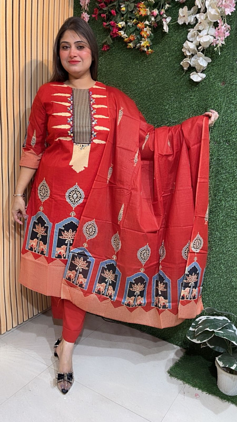 Pure Cotton 3-Piece Rust Kurta Set for Women | 3/4 Sleeves | Comfortable Ethnic Wear