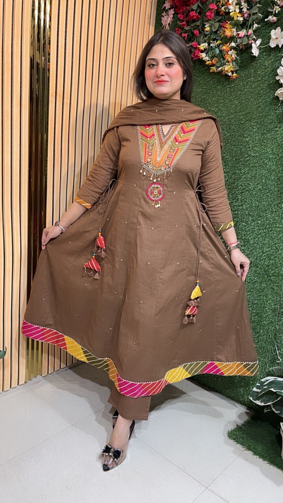 Elegant Mal Cotton Anarkali Suit with Cotton Lining – 3/4 Sleeves | Brown