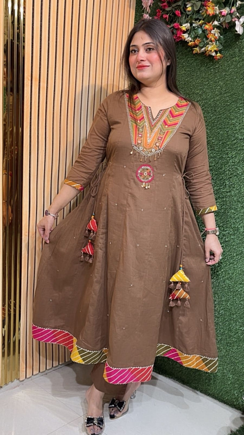 Elegant Mal Cotton Anarkali Suit with Cotton Lining – 3/4 Sleeves | Brown