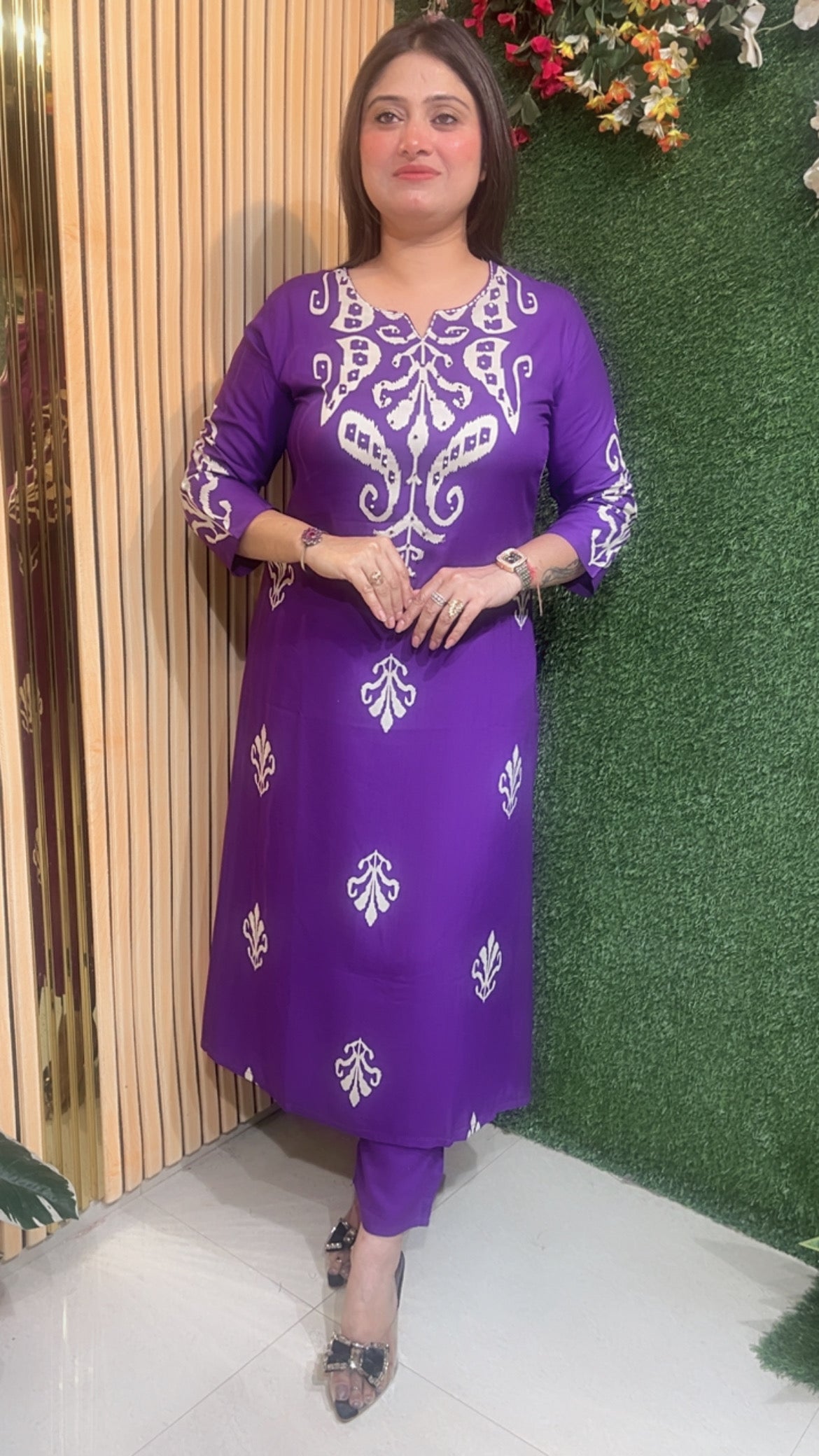 Three piece kurta set with not work reyon modal fabric