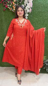 Premium A-Line Pure Cotton 3-Piece Kurta Set with Embroidery Handwork & Original Mirror Work