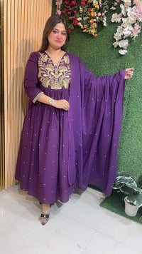 Elegant Pure Cotton Embroidered Anarkali Suit – 3/4 Sleeves | Purple