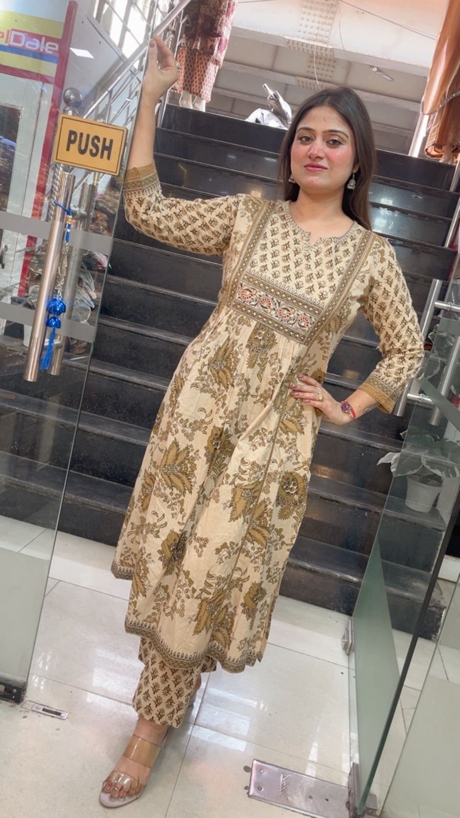 Pure Cotton A-Line Kurta Set with 3/4 Sleeves
