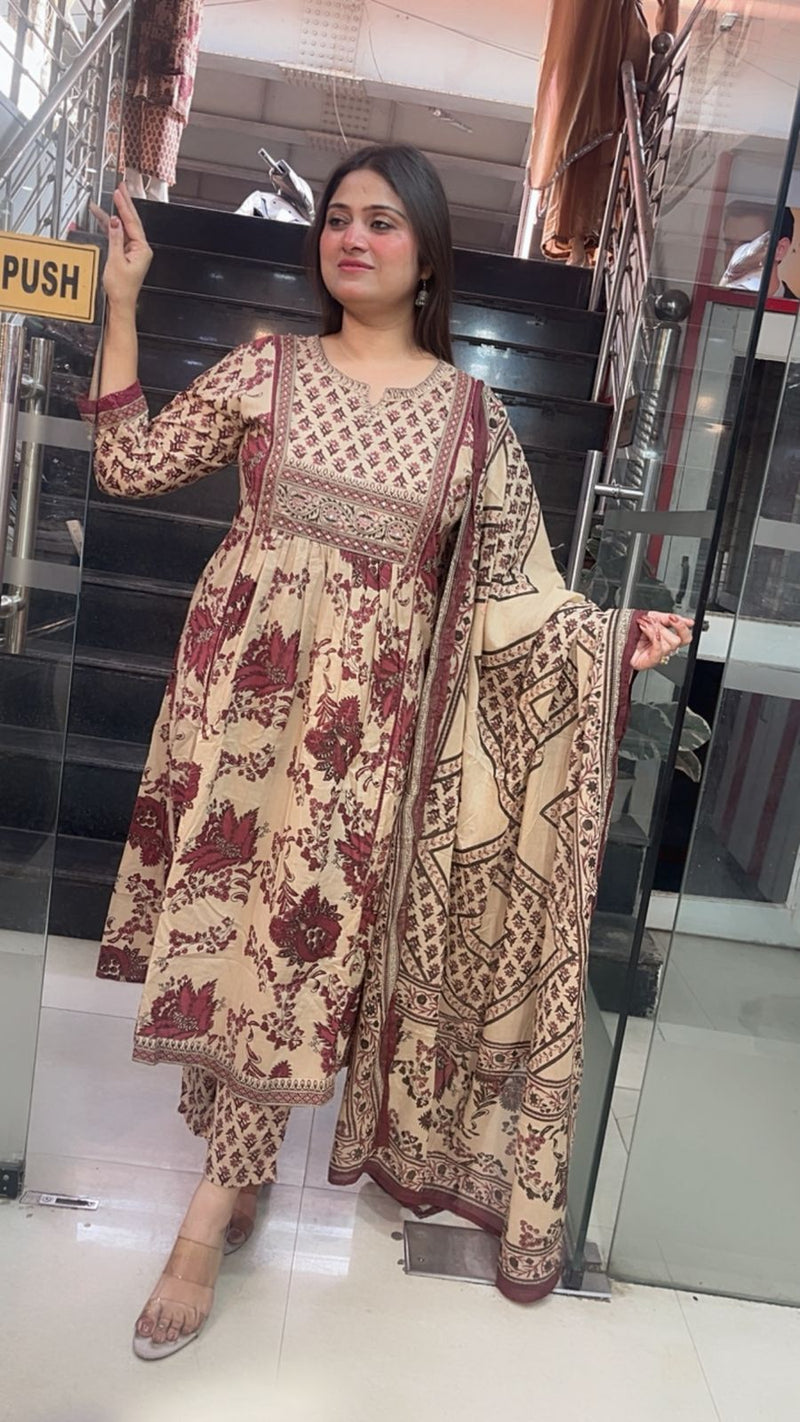 Pure Cotton A-Line Kurta Set with 3/4 Sleeves