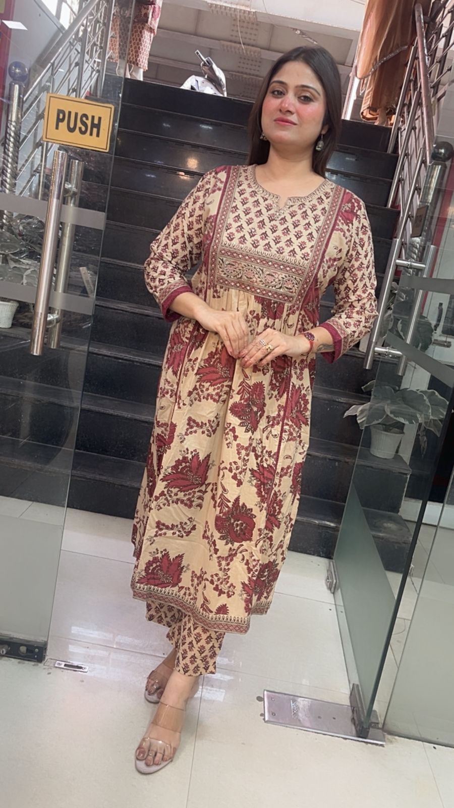 Pure Cotton A-Line Kurta Set with 3/4 Sleeves