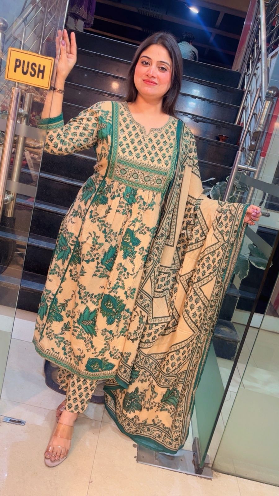 Pure Cotton A-Line Kurta Set with 3/4 Sleeves