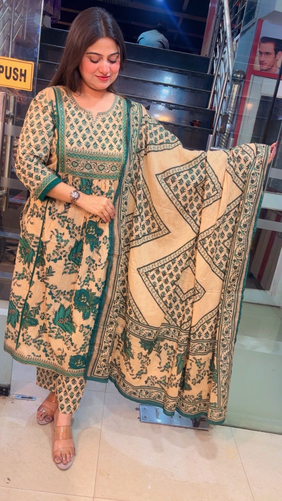 Pure Cotton A-Line Kurta Set with 3/4 Sleeves