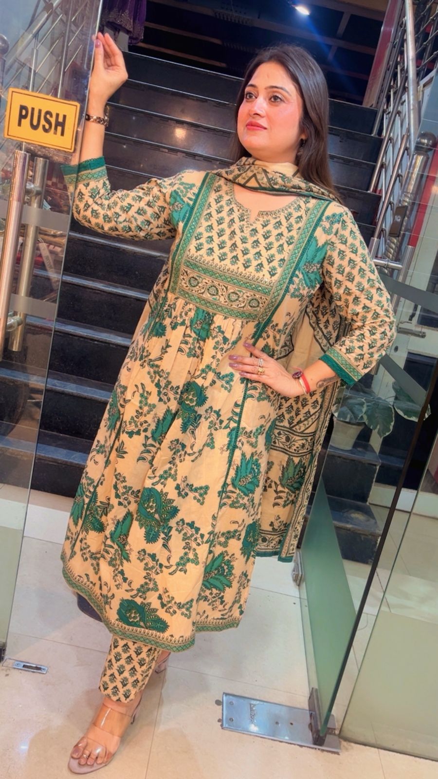 Pure Cotton A-Line Kurta Set with 3/4 Sleeves