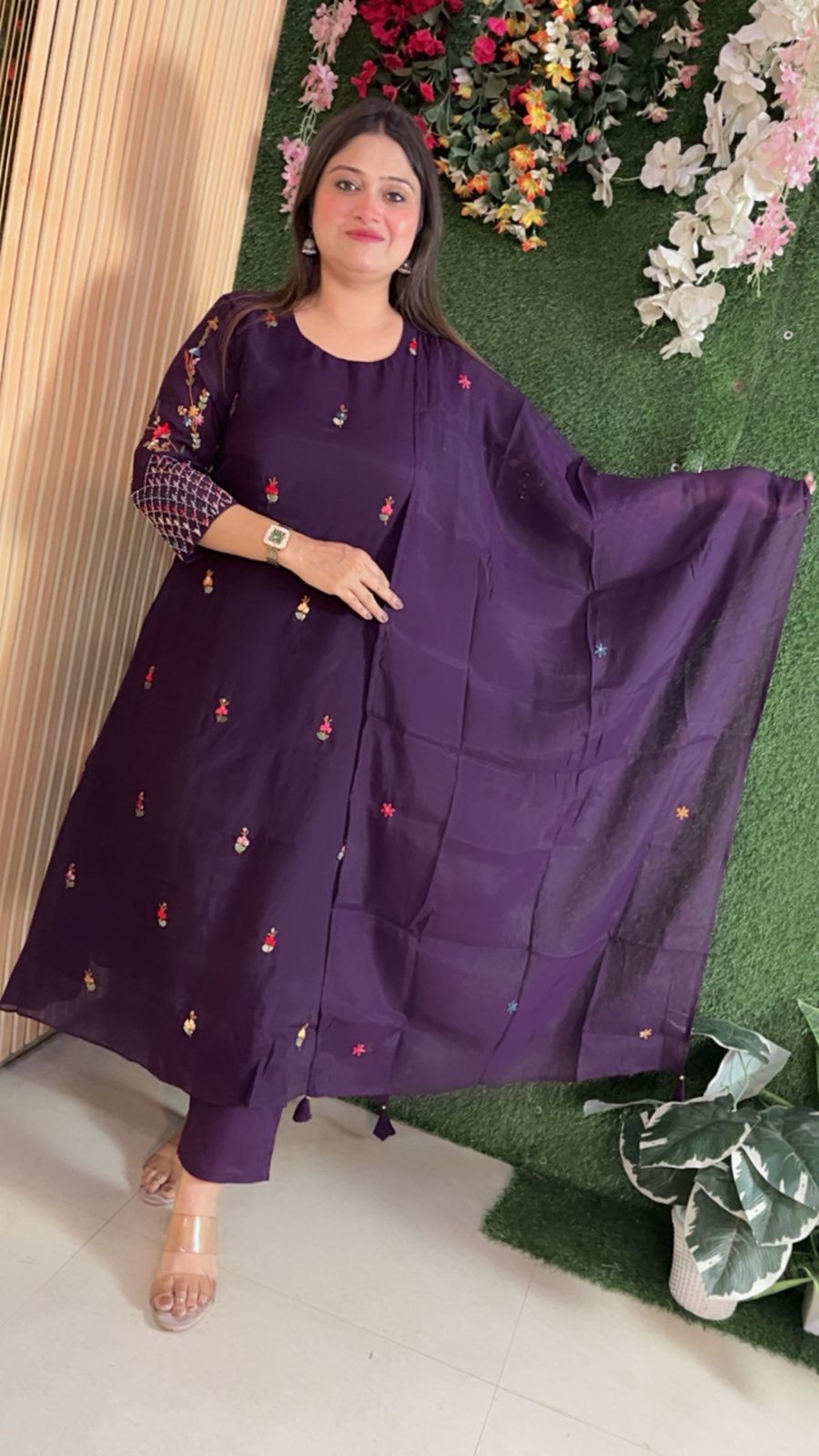 Elegant Mal Chendri A-Line Anarkali 3-Piece Set with Cotton Lining