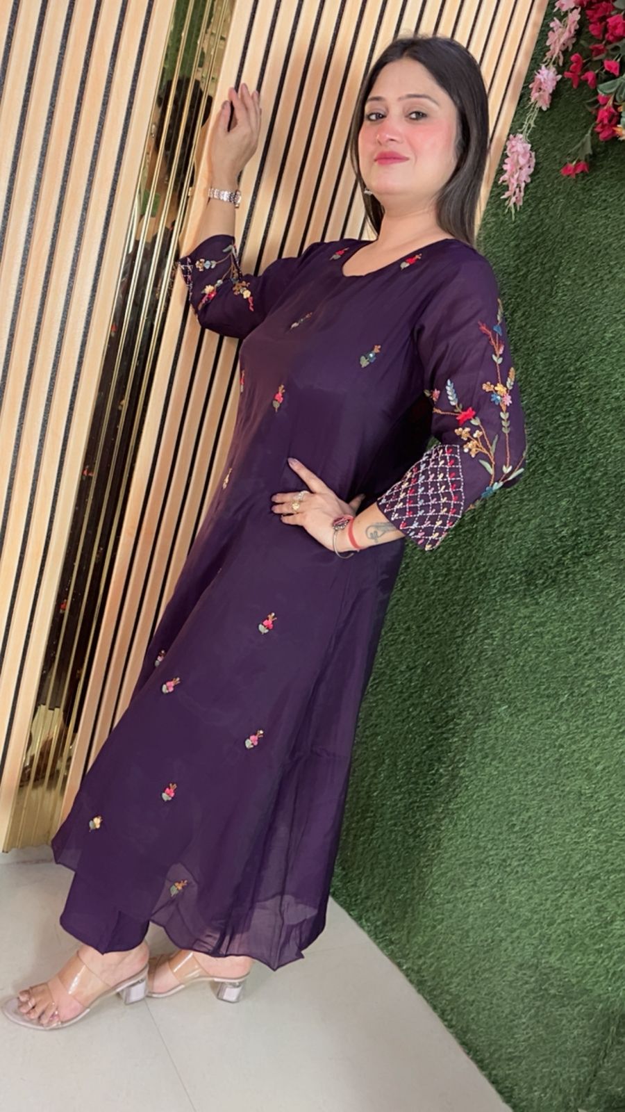 Elegant Mal Chendri A-Line Anarkali 3-Piece Set with Cotton Lining