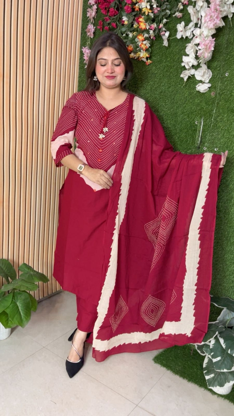Pure Cotton 3-Piece Kurta Set with 3/4 Sleeves