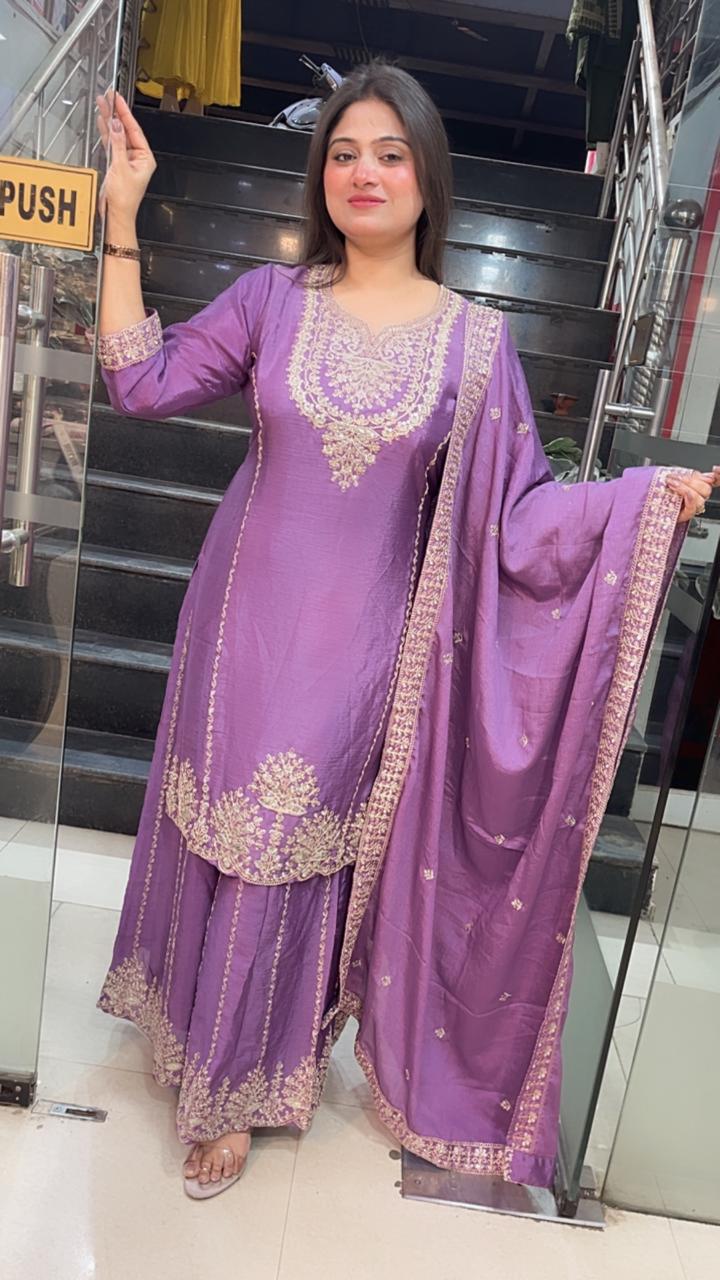 Elegant Party Wear Chinon Silk Three-Piece Kurta Set with Zari Embroidery