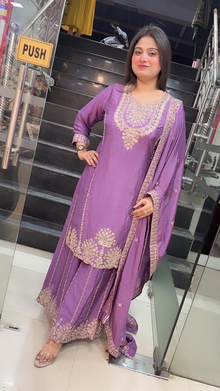 Elegant Party Wear Chinon Silk Three-Piece Kurta Set with Zari Embroidery