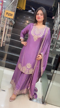 Elegant Party Wear Chinon Silk Three-Piece Kurta Set with Zari Embroidery