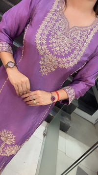 Elegant Party Wear Chinon Silk Three-Piece Kurta Set with Zari Embroidery