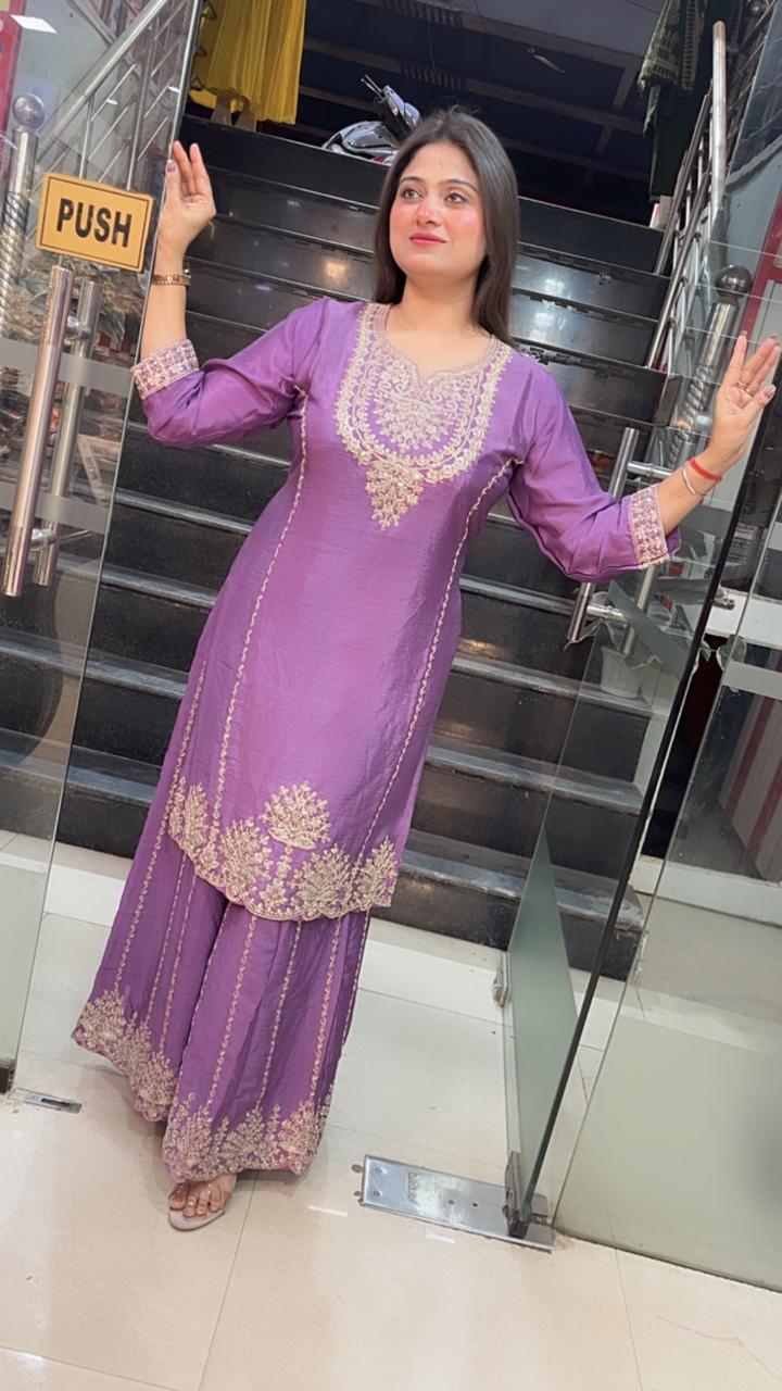 Elegant Party Wear Chinon Silk Three-Piece Kurta Set with Zari Embroidery