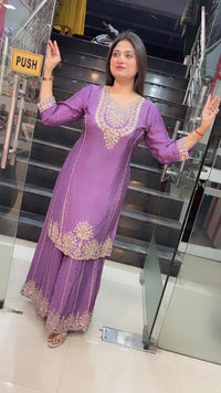 Elegant Party Wear Chinon Silk Three-Piece Kurta Set with Zari Embroidery