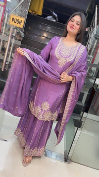 Elegant Party Wear Chinon Silk Three-Piece Kurta Set with Zari Embroidery