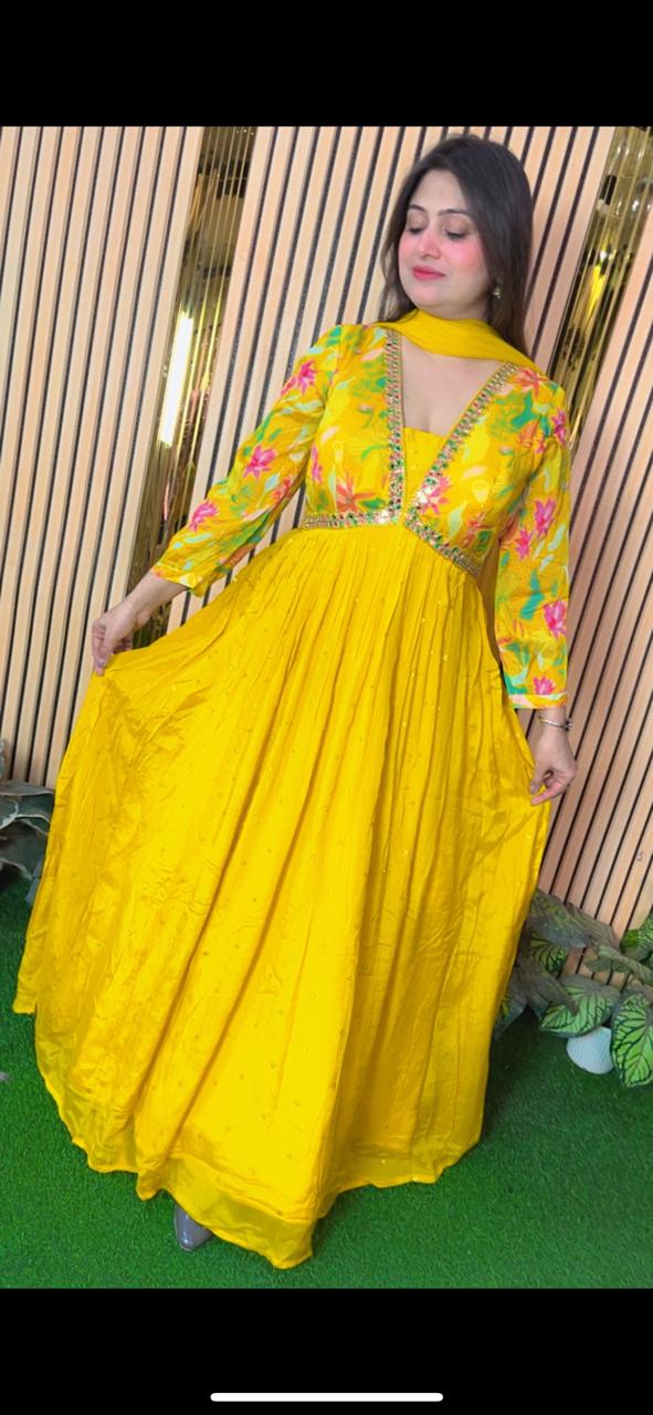 Elegant Chinon Handwork Gown with Soft Net Dupatta | Yellow