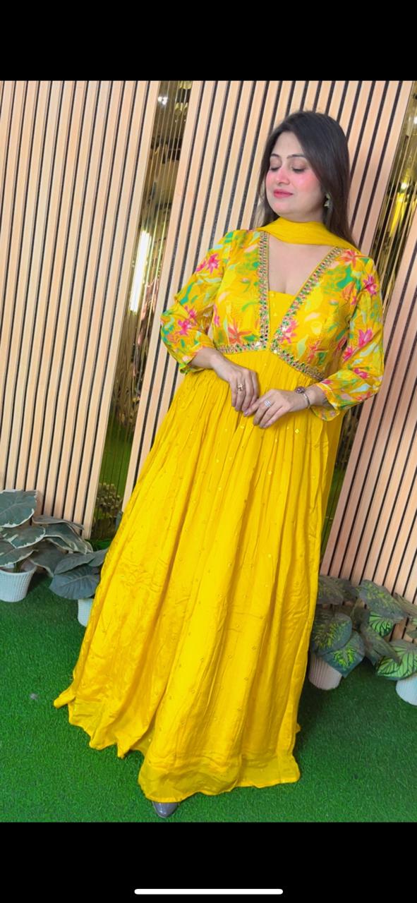 Elegant Chinon Handwork Gown with Soft Net Dupatta | Yellow