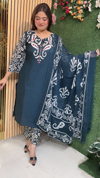 Elegant Pure Cotton Three Piece Kurta Set for Women with Dupatta | Teal Blue