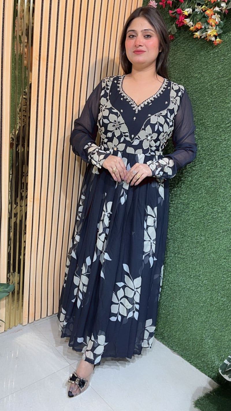 Elegant Party Wear Anarkali Suit with Full Flair & Handwork in Pure Chiffon
