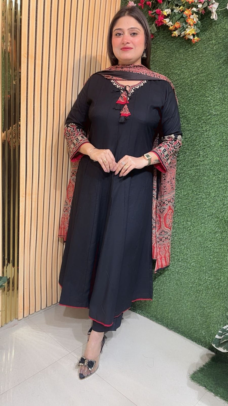 Elegant Embroidered Anarkali Suit in Glace Rayon Modal Fabric (3/4 Sleeves)