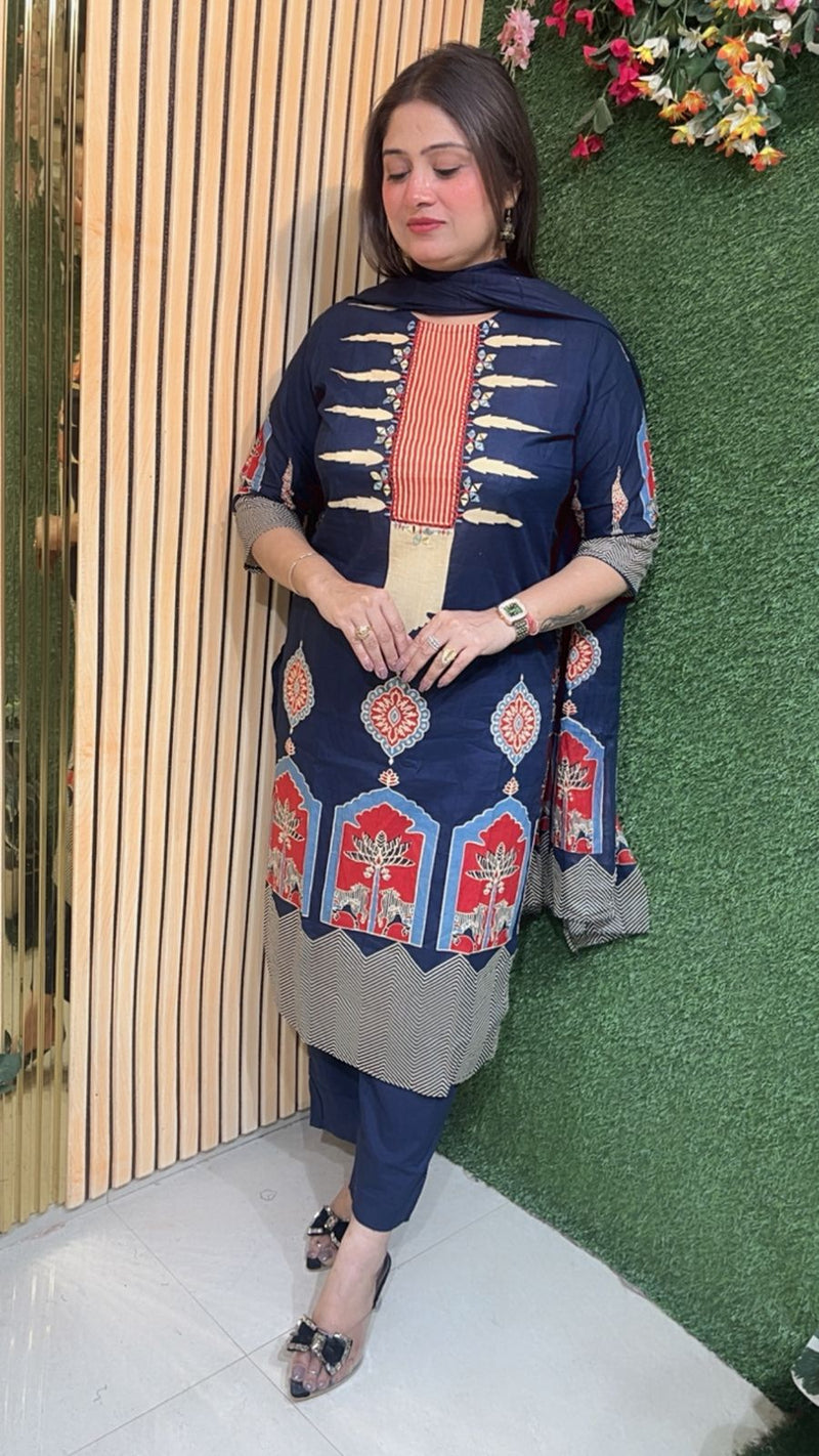 Pure Cotton 3-Piece Kurta Set for Women | 3/4 Sleeves | Comfortable Ethnic Wear