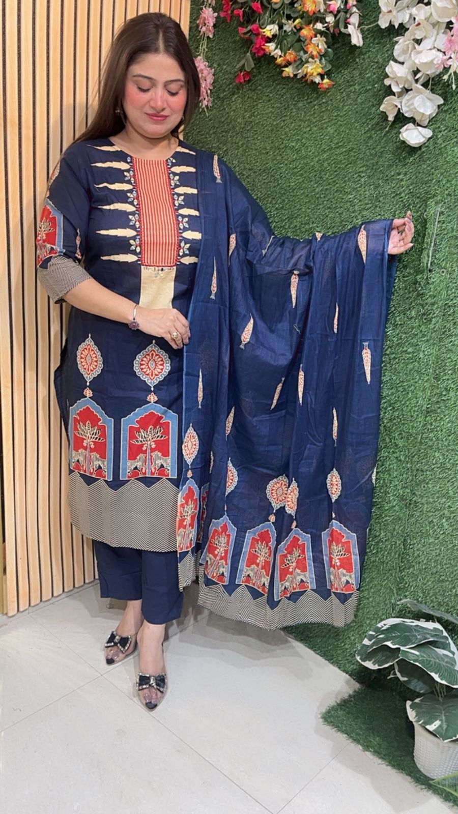 Pure Cotton 3-Piece Kurta Set for Women | 3/4 Sleeves | Comfortable Ethnic Wear