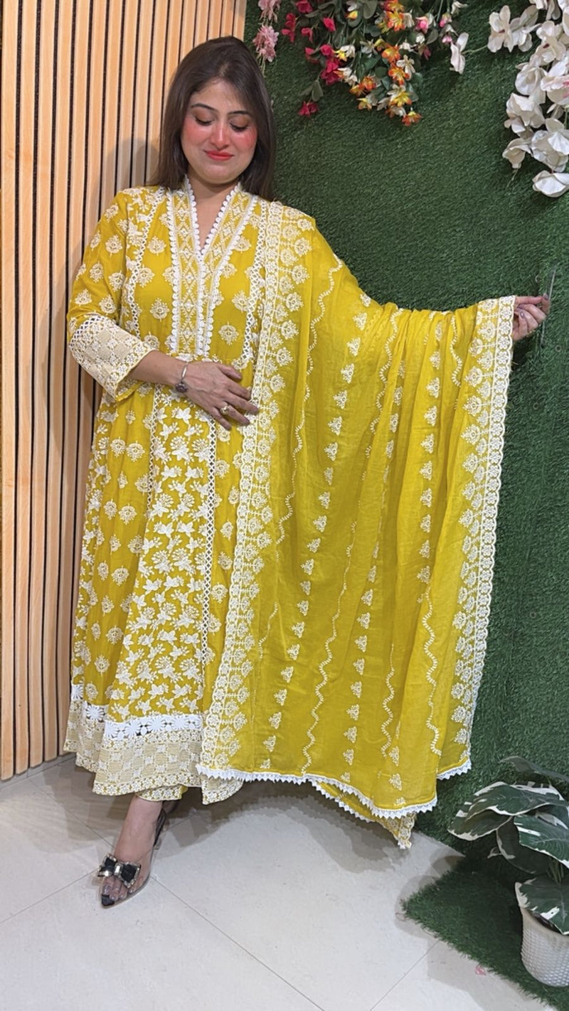 Elegant Fully Embroidered Cotton Anarkali Suit with Lining