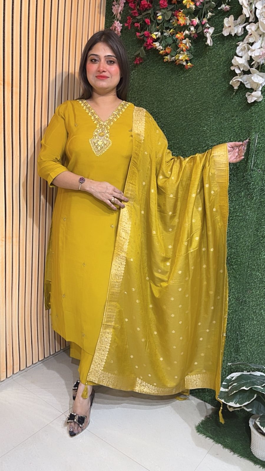 Elegant 3-Piece Pure Maslin Kurta Set with Cotton Lining – 3/4 Sleeves