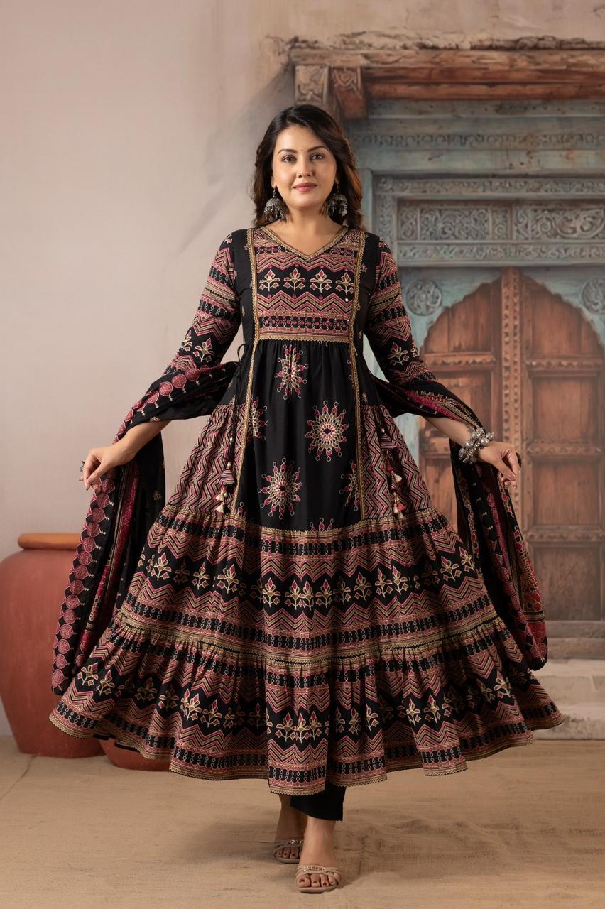 Pure Cotton Heavy Flair Anarkali Suit with 3/4 Sleeves | Black