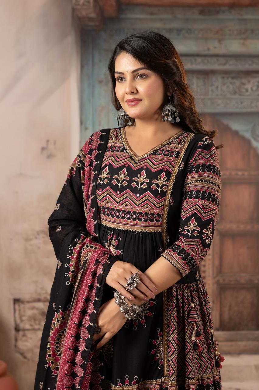 Pure Cotton Heavy Flair Anarkali Suit with 3/4 Sleeves | Black