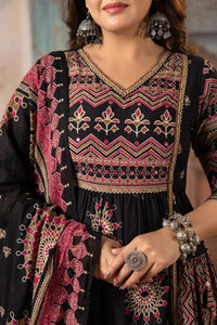 Pure Cotton Heavy Flair Anarkali Suit with 3/4 Sleeves | Black