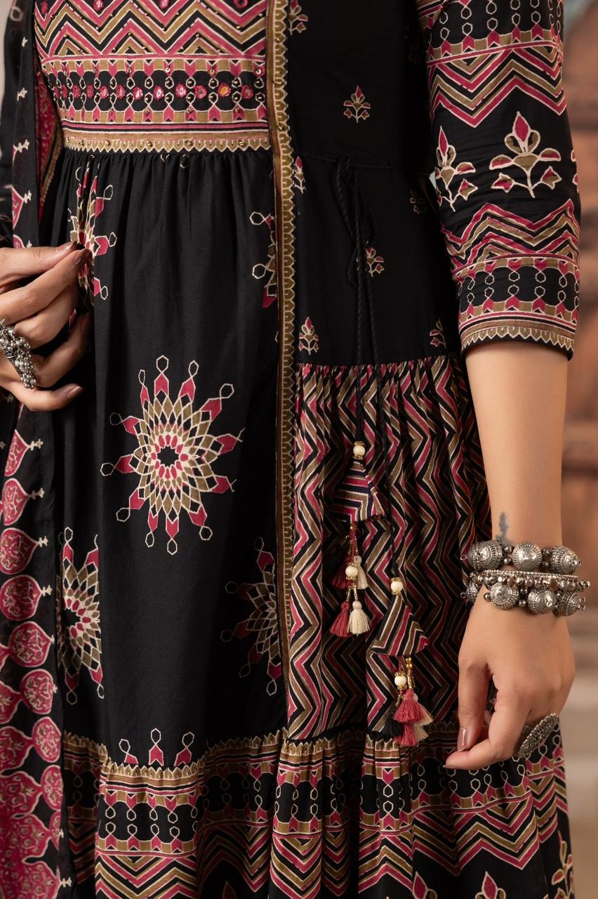 Pure Cotton Heavy Flair Anarkali Suit with 3/4 Sleeves | Black