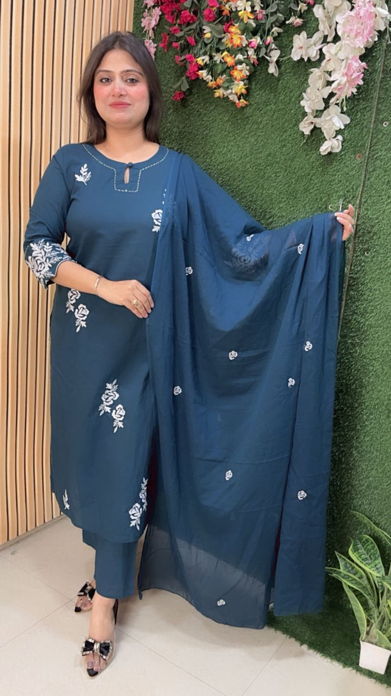 Elegant Pure Cotton Embroidered 3-Piece Kurta Set