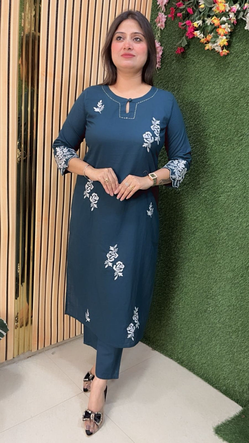 Elegant Pure Cotton Embroidered 3-Piece Kurta Set