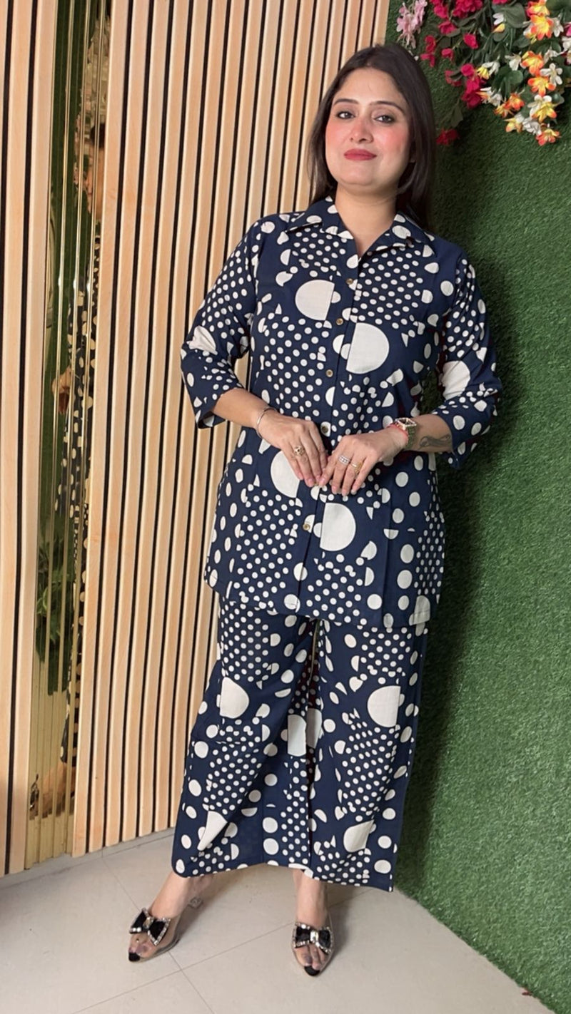 Stylish Pure Cotton Polka Dot Co-Ord Set | Dark Blue