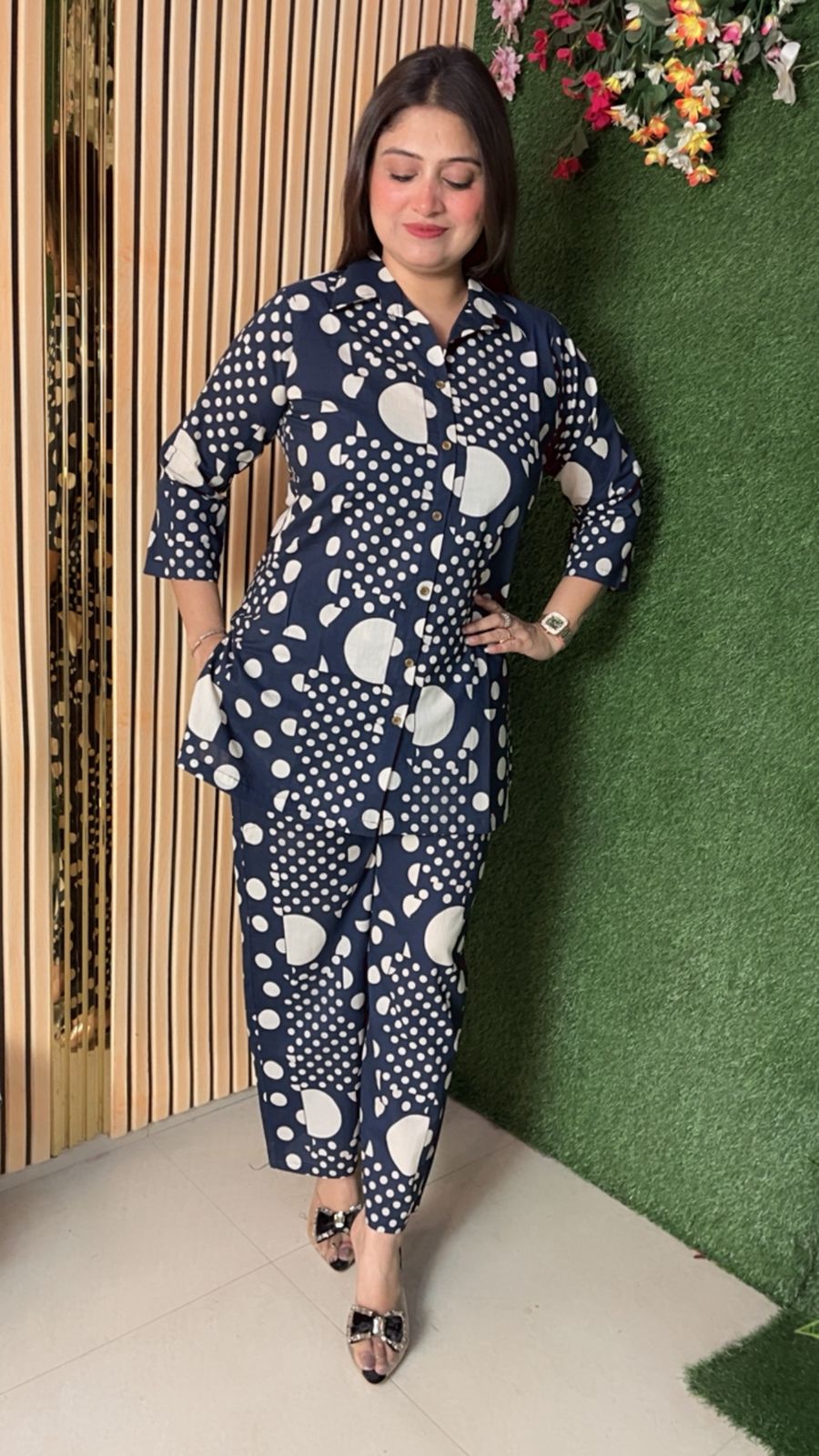 Stylish Pure Cotton Polka Dot Co-Ord Set | Dark Blue
