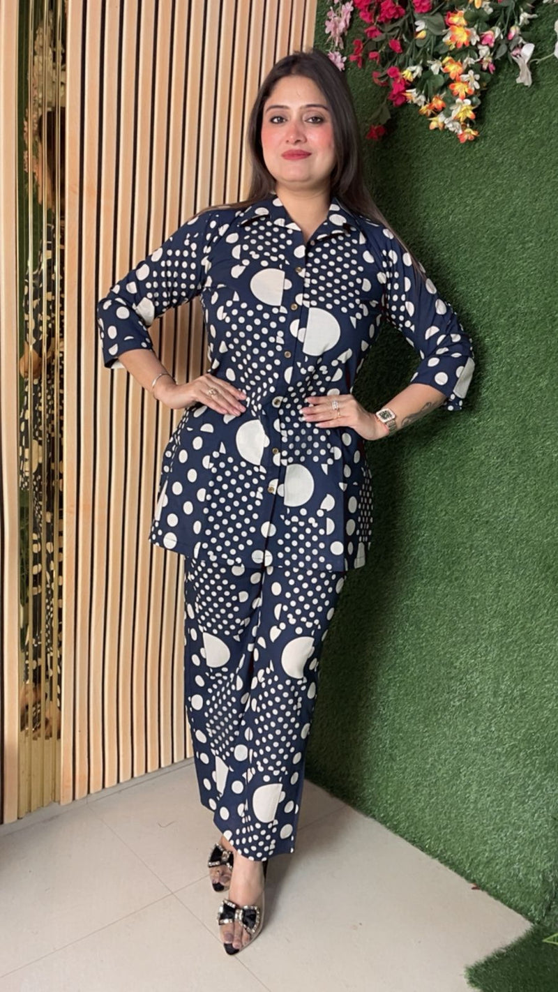 Stylish Pure Cotton Polka Dot Co-Ord Set | Dark Blue