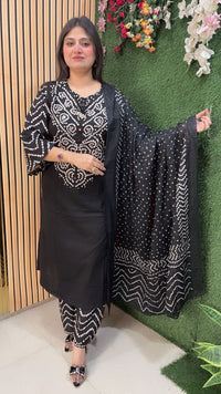 Elegant Cotton Bandhani Print 3-Piece Kurta Set | Black