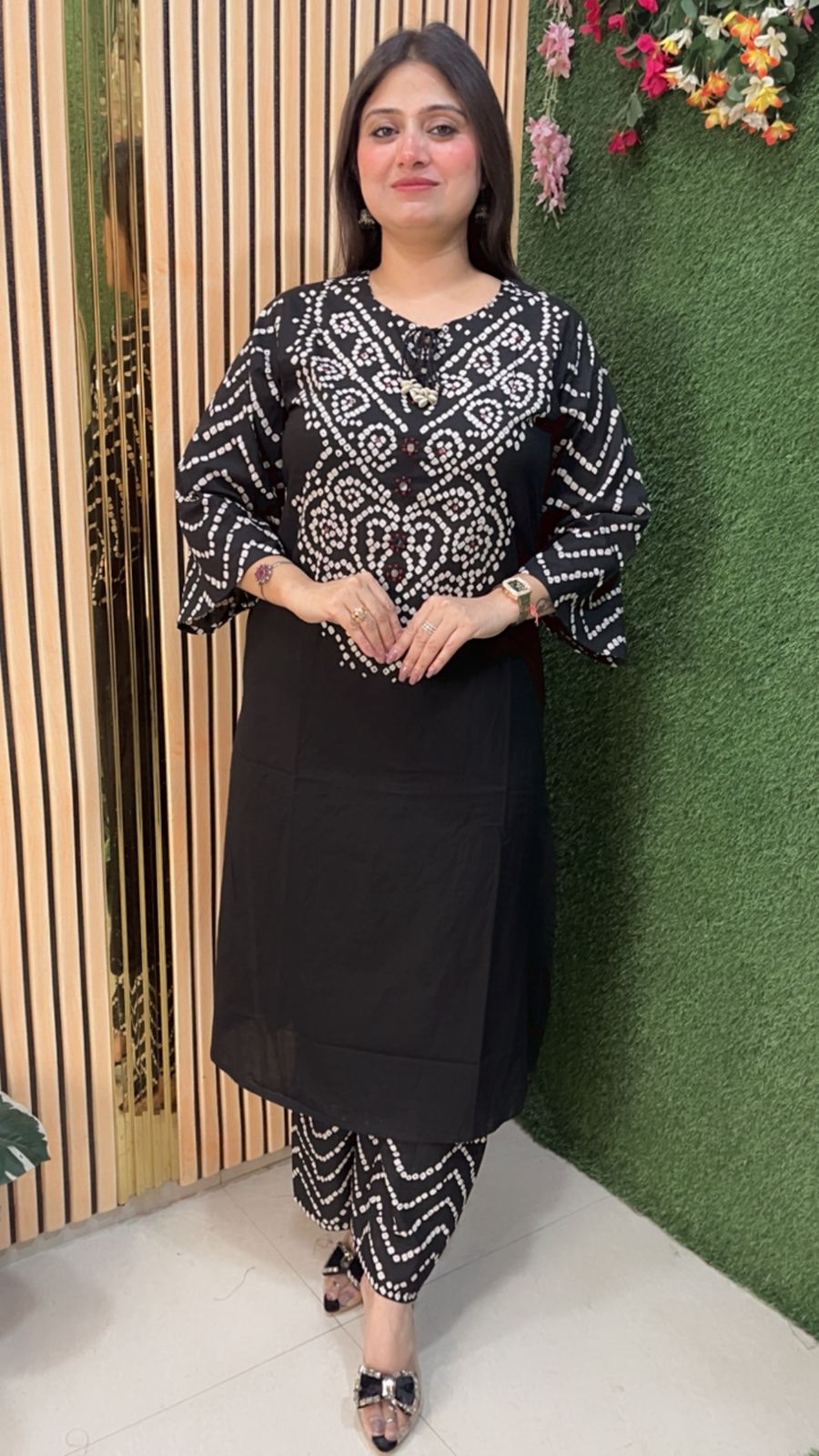 Elegant Cotton Bandhani Print 3-Piece Kurta Set | Black