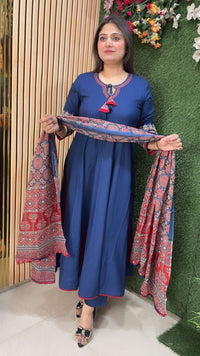 Elegant Glace Rayon Modal Embroidered Anarkali Suit | Blue